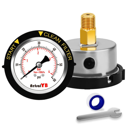 AetralYB 60PSI pool gauge dial showing clear pressure readings for filter maintenance
