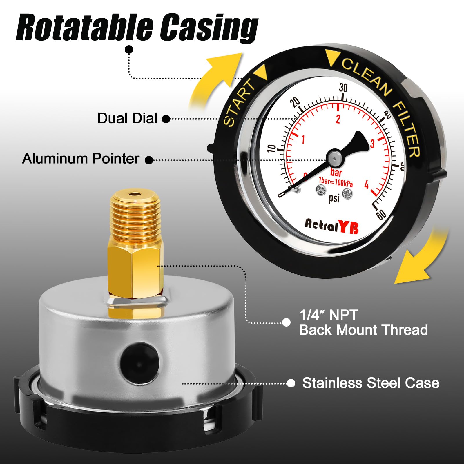 AetralYB gauge internals with brass fittings designed for saltwater and chlorinated systems