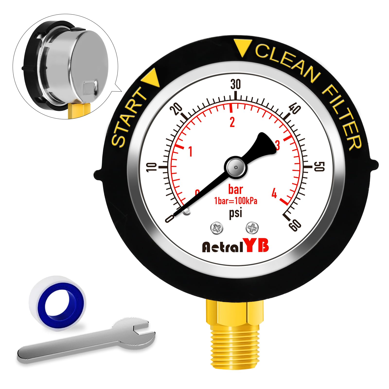 AetralYB pool filter gauge with a 2-inch dial for precise readings