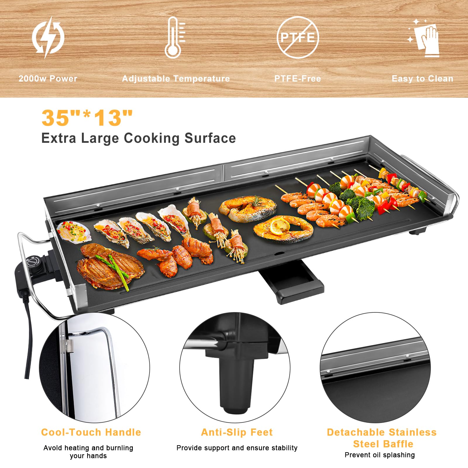 AEWHALE detachable stainless steel baffle prevents grease splatter for cleaner cooking.