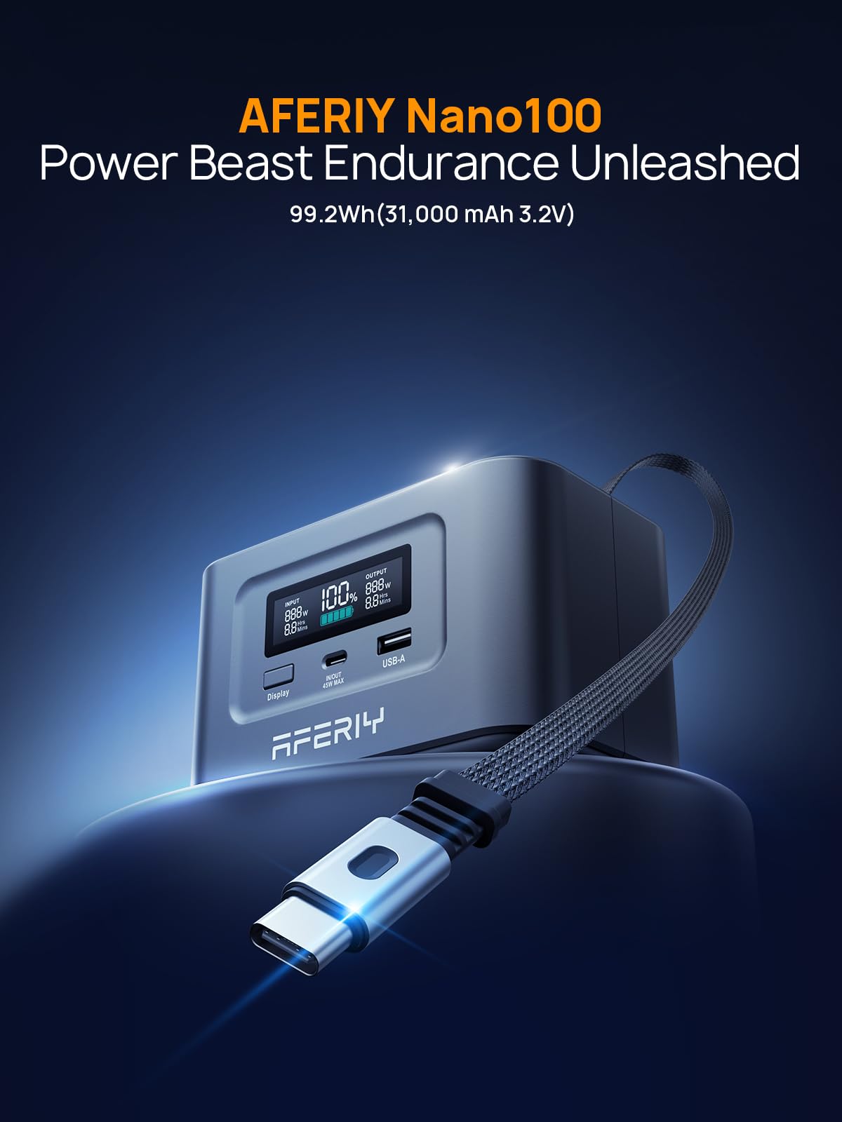 AFERIY power bank station ports area shows multiple outputs for simultaneous charging.
