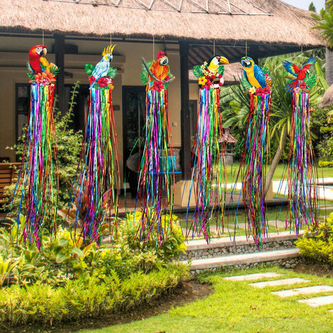 Affrolling Hawaiian luau banner with tassel accents for festive wall decor.
