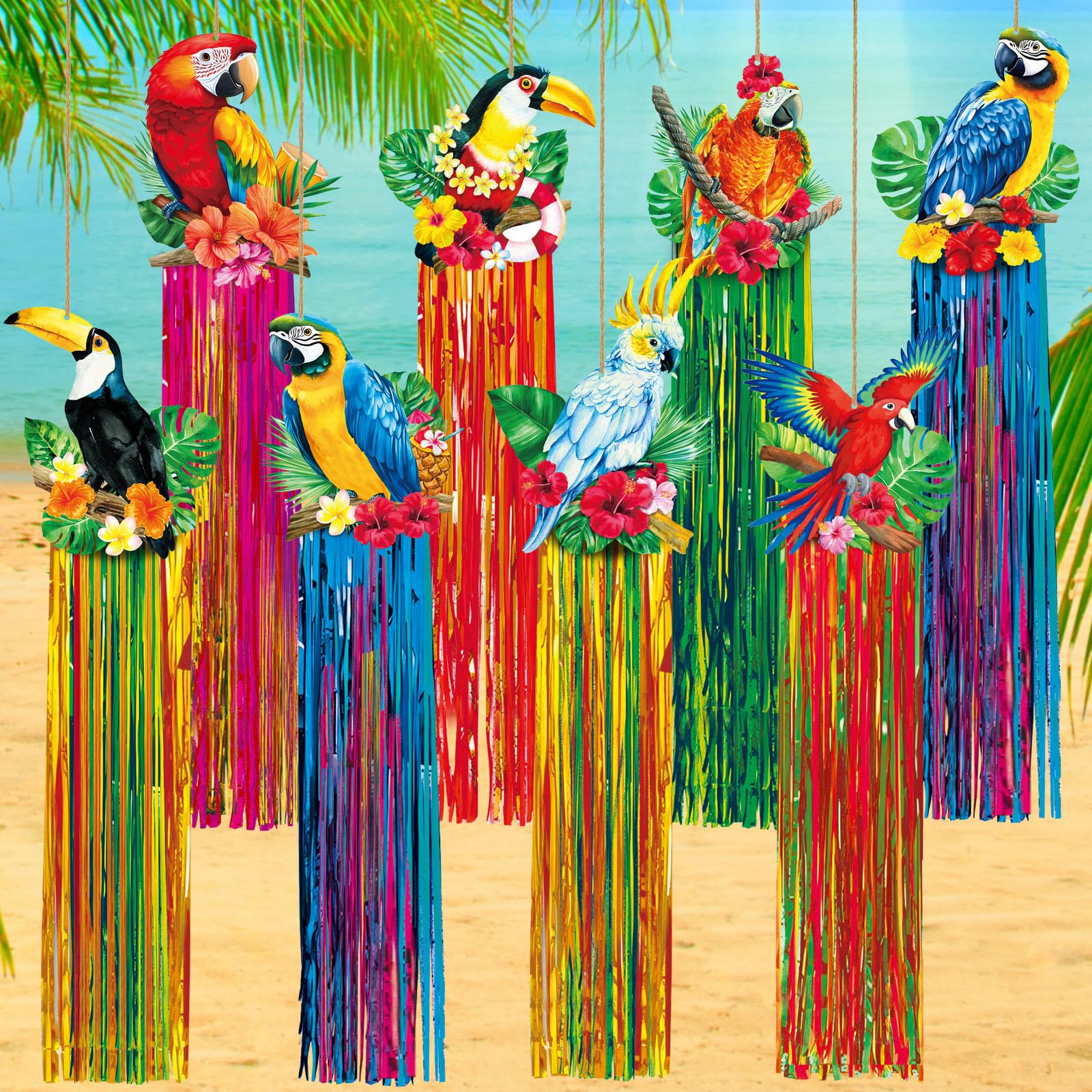 Affrolling tropical birds decor banner featuring eight lively birds for vibrant party ambiance.