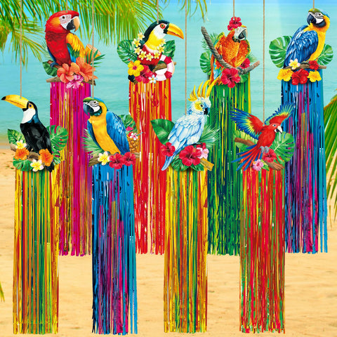 Affrolling tropical birds decor banner featuring eight lively birds for vibrant party ambiance.