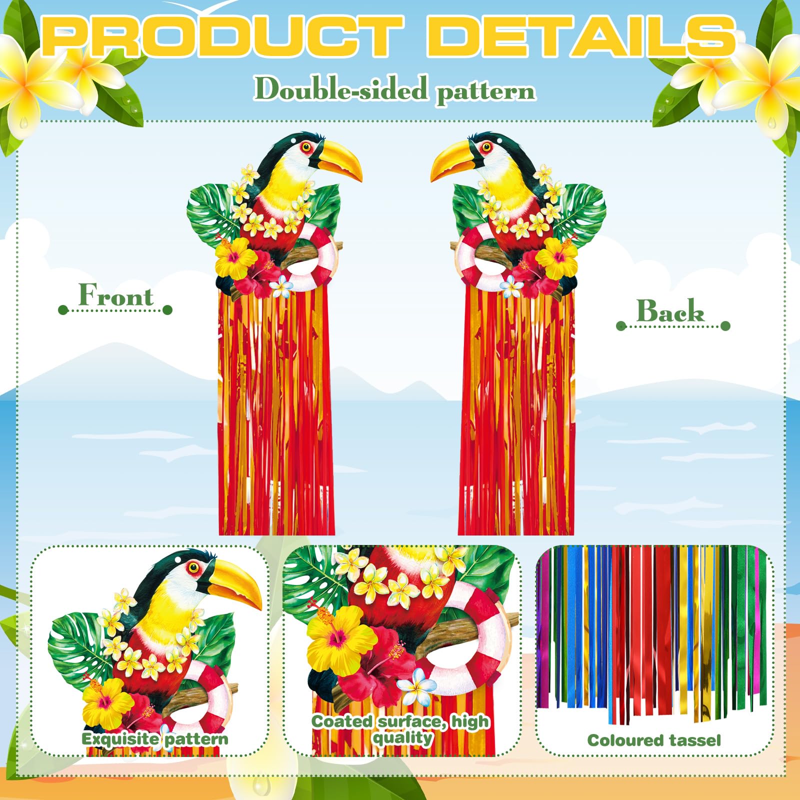 Affrolling tropical birds garland with colorful rain curtain for festive ambiance.