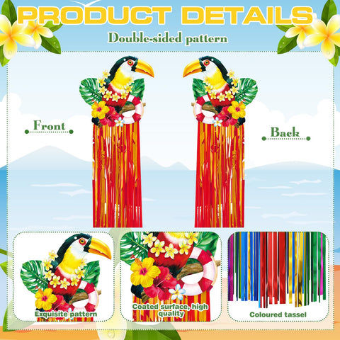 Affrolling tropical birds garland with colorful rain curtain for festive ambiance.