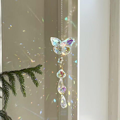 Afiaiwei butterfly crystal suncatcher on window creates vivid rainbows in sunlight