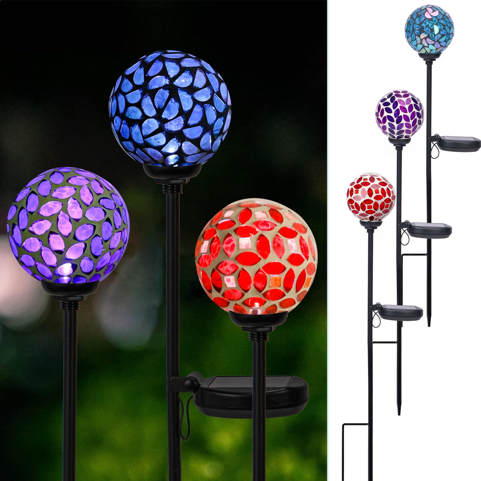 Afirst mosaic ball light with crackle glass reflecting sun colors along the garden path.