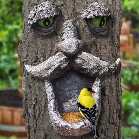 Aflowa Tree Faces Bird Feeder with bird-friendly mouth attracts visiting birds