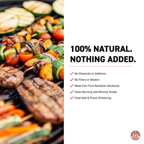 African Charcoal Company low-ash long-burn for easy cleanup.