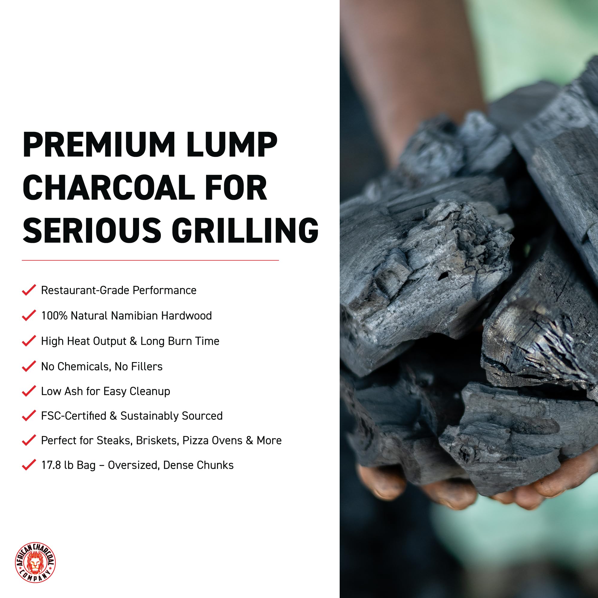 African Charcoal Company oversized chunks close-up for dense, high-heat burn.