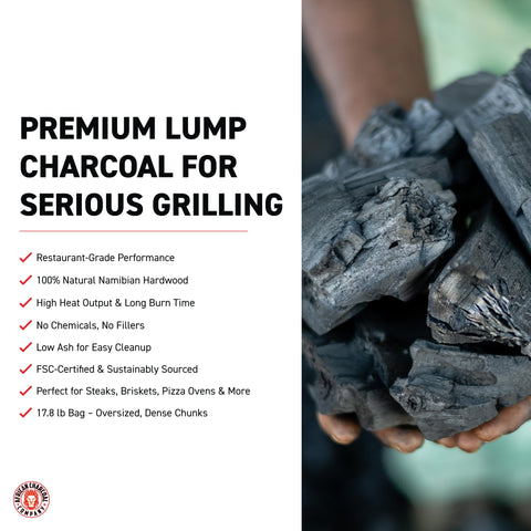 African Charcoal Company oversized chunks close-up for dense, high-heat burn.
