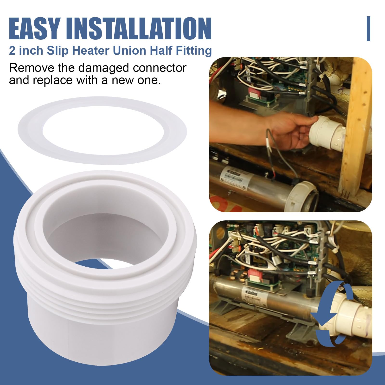 AFZZ spa heater union installation for simplified hot tub plumbing.