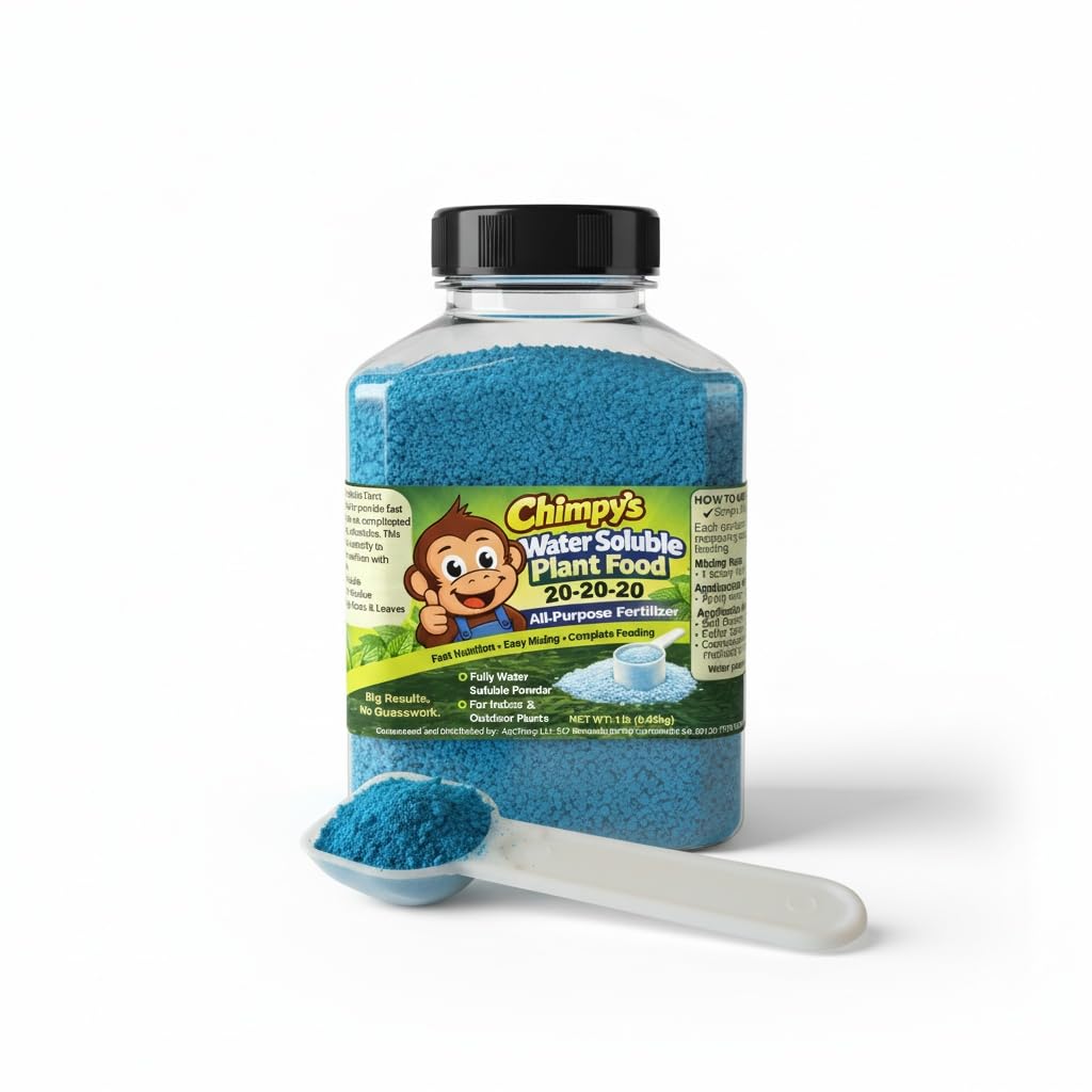 AgChimp Chimpy 20-20-20 bottle pour for even feeding to roots and leaves.