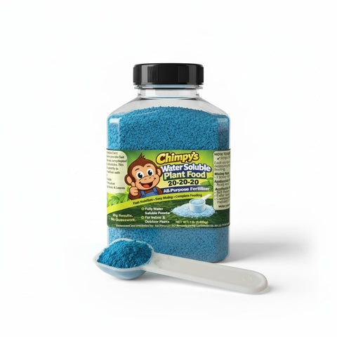 AgChimp Chimpy 20-20-20 bottle pour for even feeding to roots and leaves.