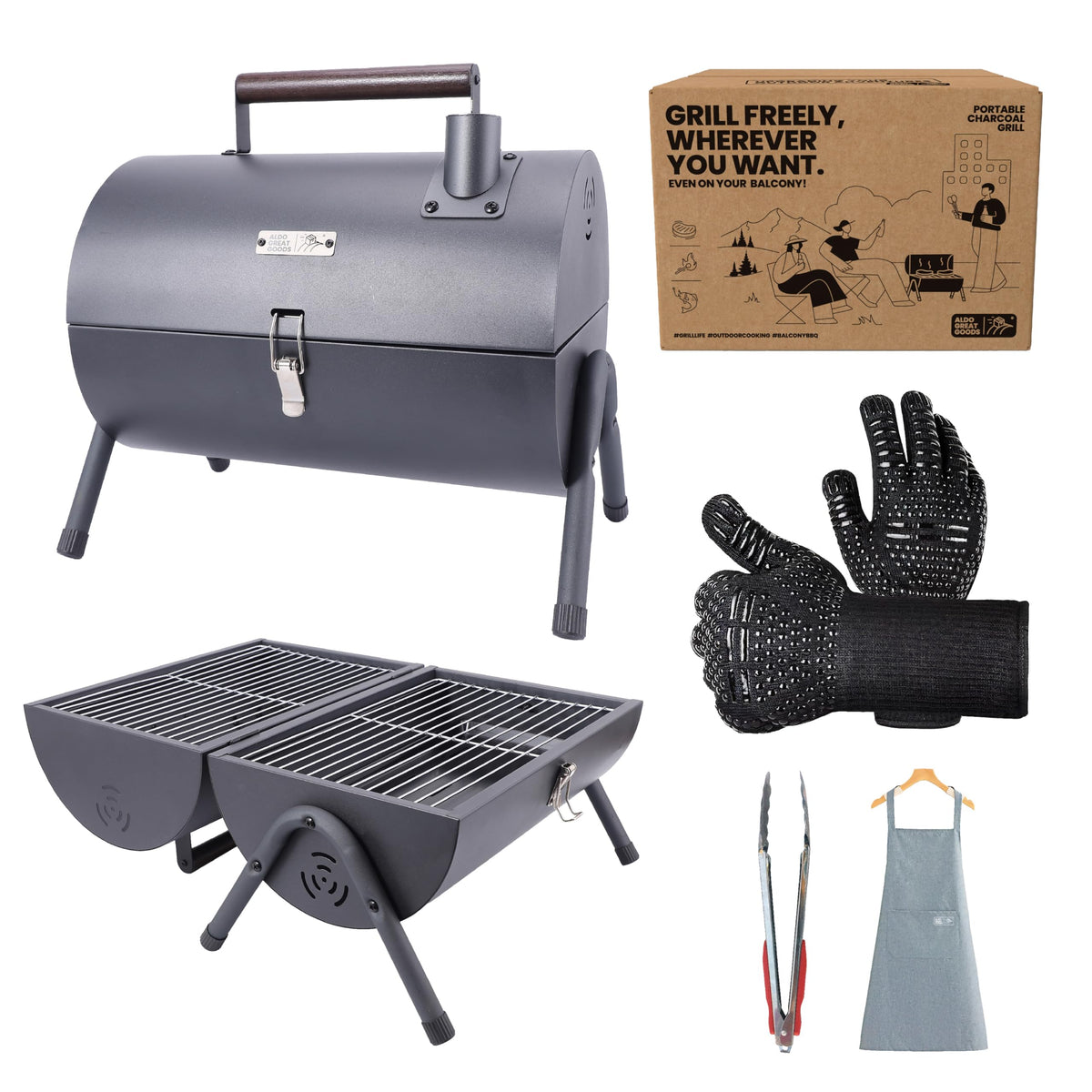 ALDO GREAT GOODS AGG portable charcoal grill front view with compact tabletop design