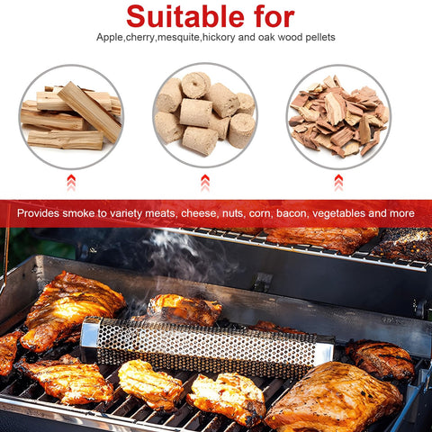 AGIgear smoker tube in use on grill delivers consistent wispy smoke.