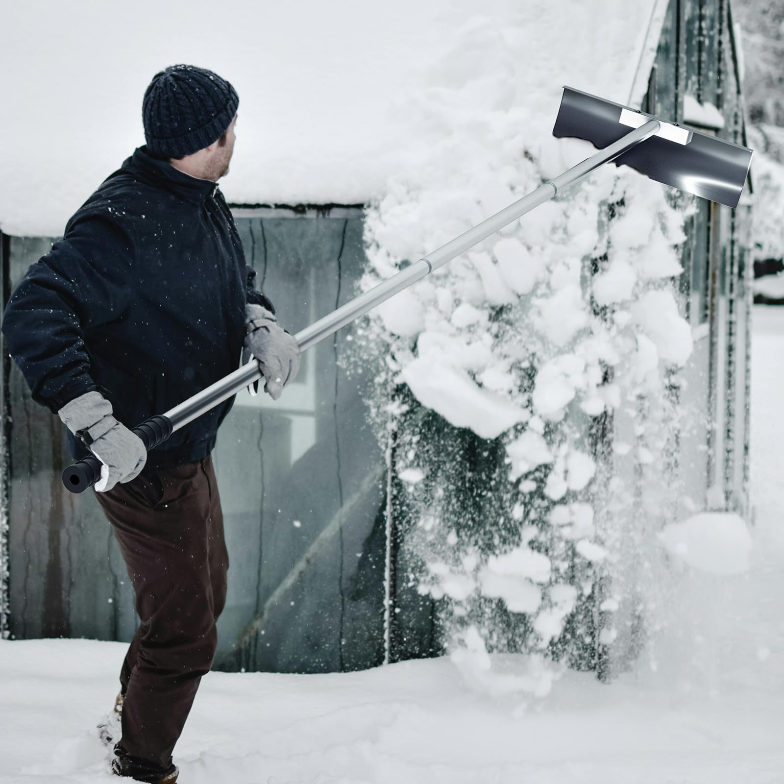 Aglaiprty extendable roof rake reaching up to 16.5 ft for high roof areas.