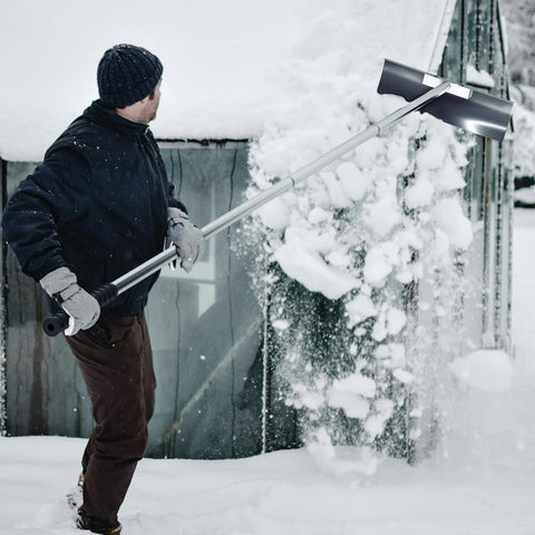 Aglaiprty extendable roof rake reaching up to 16.5 ft for high roof areas.