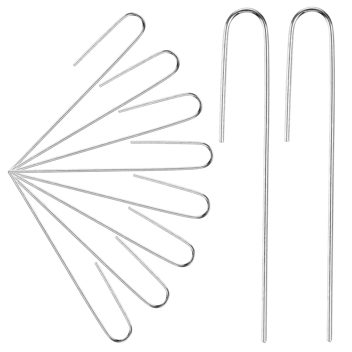 Agolctry 100pcs J-shaped drip stakes securing irrigation lines in outdoor beds.