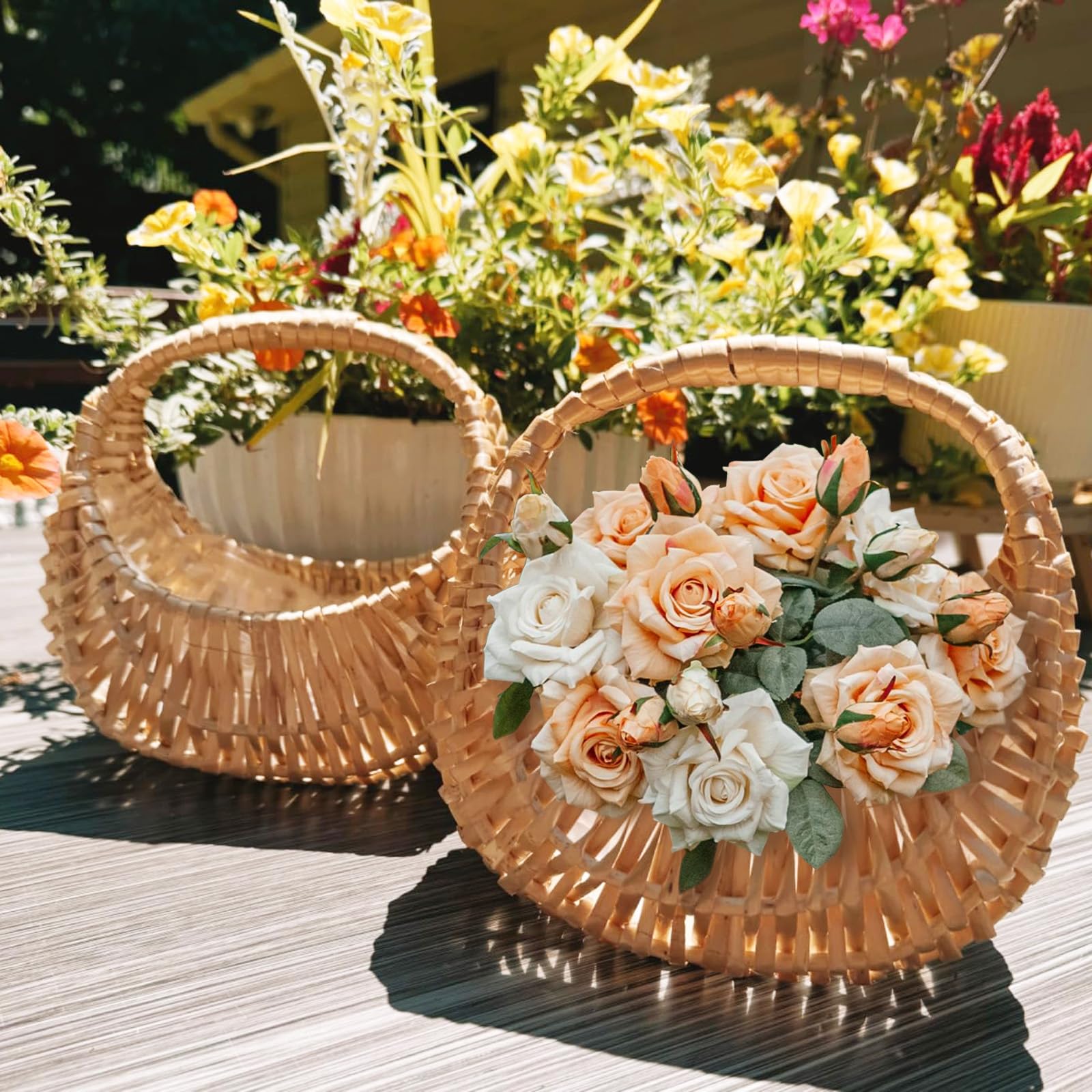 Agolctry half moon wicker basket with handle ideal for ceremony decor.