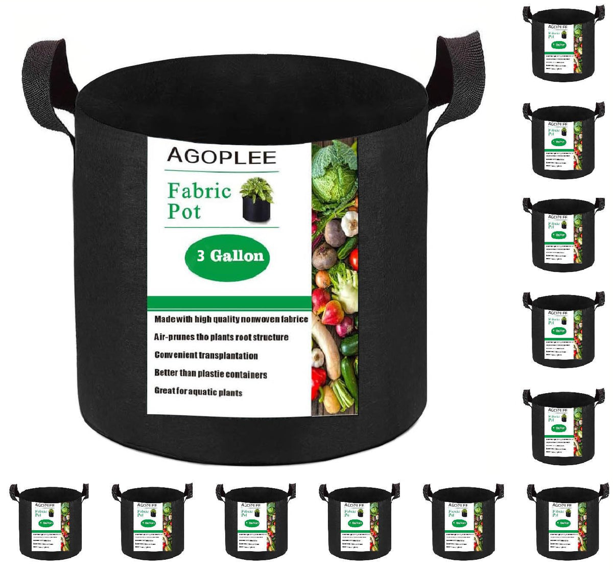 AGOPLEE 3-gallon grow bag front view shows sturdy handles and breathable fabric.
