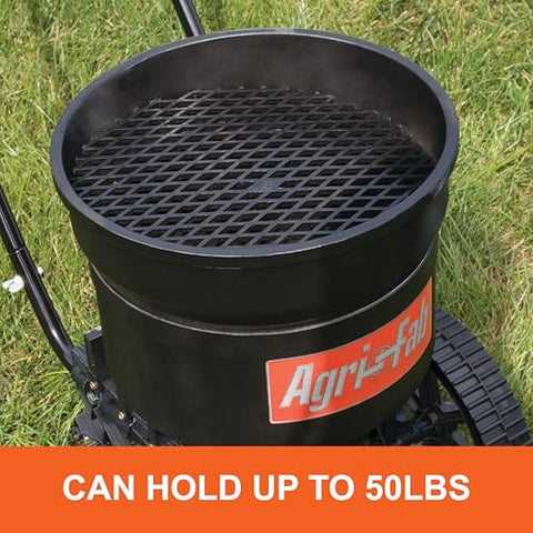 Agri-Fab 45-0566 spreader shows 10-inch flat-free tires for smooth movement.