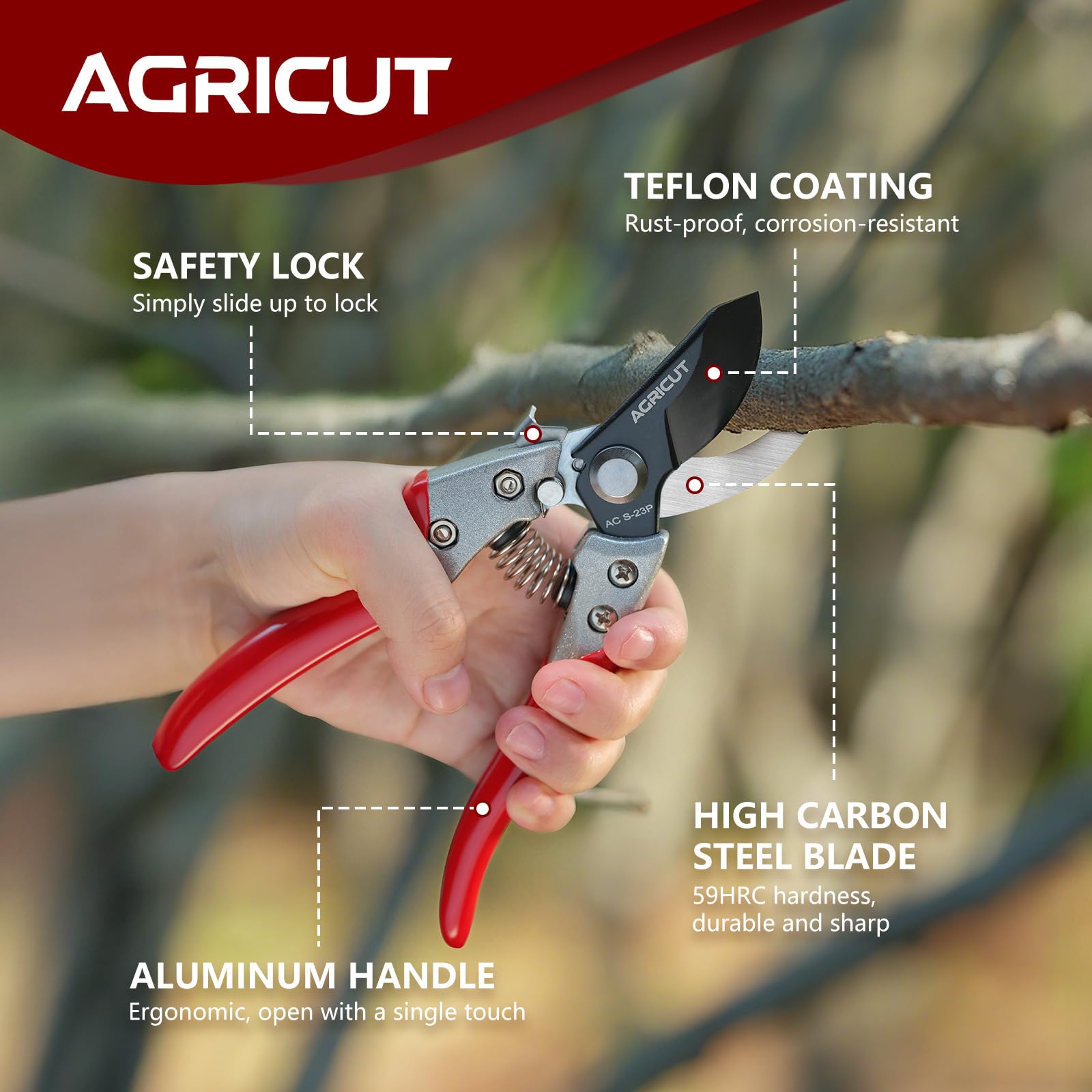 AGRICUT high-carbon steel blade (59 HRC) for crisp, durable cuts.