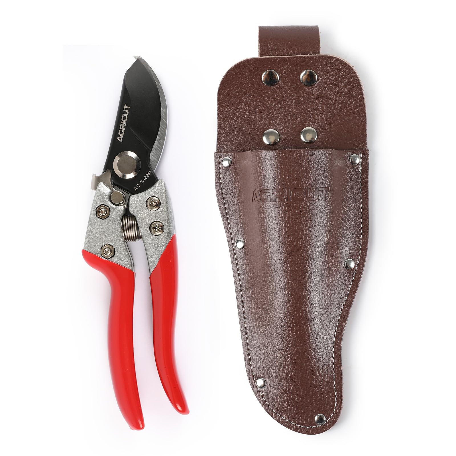 AGRICUT pruning shear with leather sheath for precise, rust-resistant cuts and quick access.