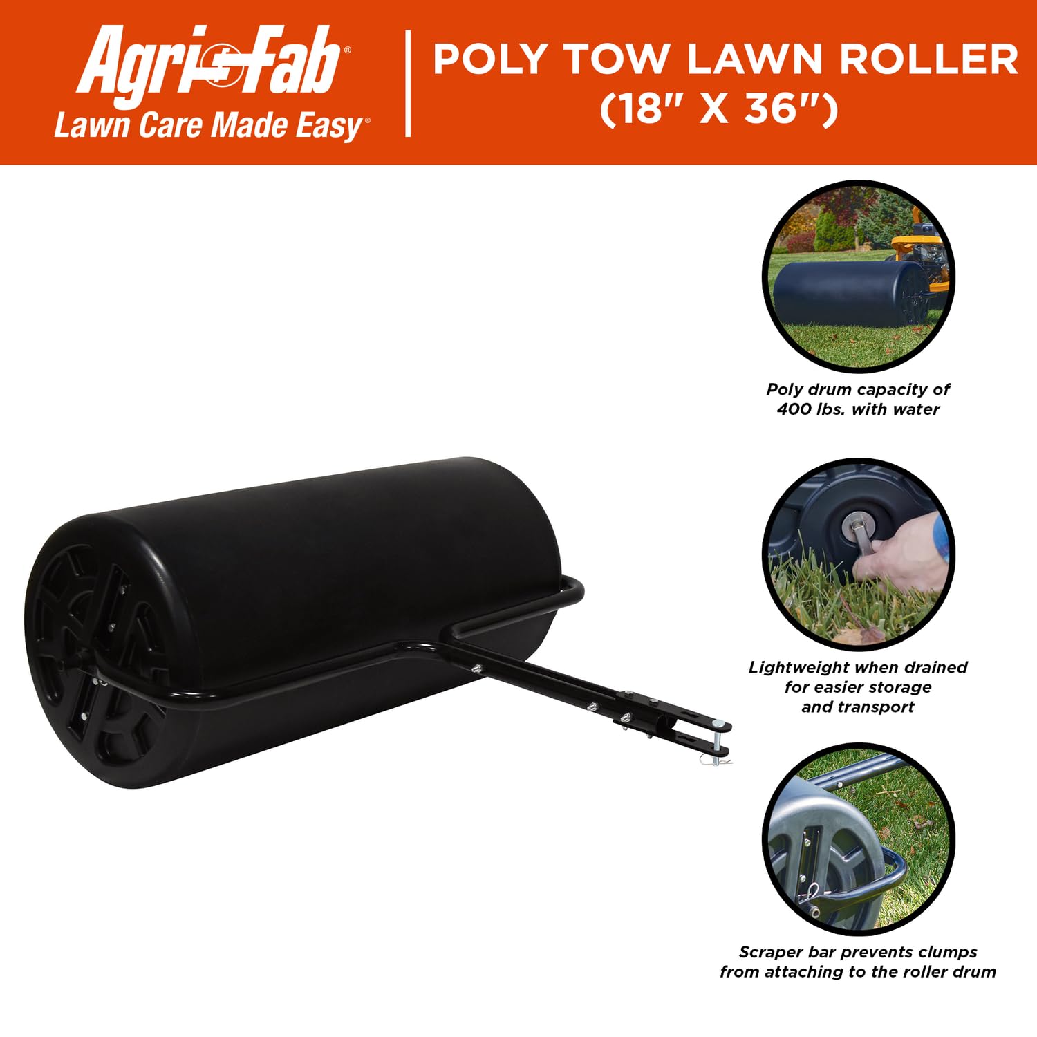 Agri-Fab 400 lb capacity image emphasizes effective flattening on yards.