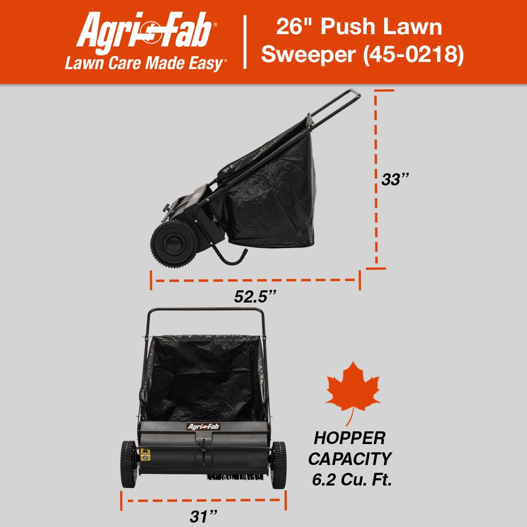 Agri-Fab 45-0218 26-inch lawn sweeper in garage emphasizes durable construction