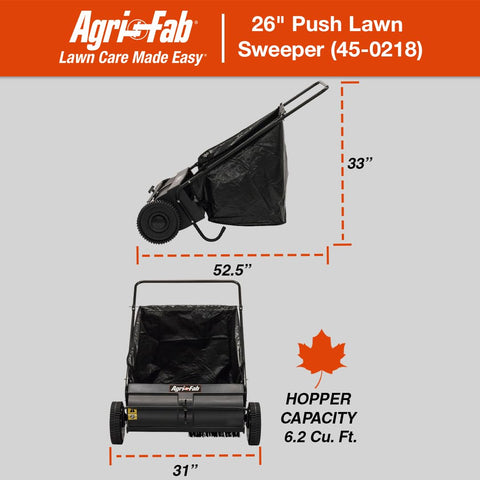Agri-Fab 45-0218 26-inch lawn sweeper in garage emphasizes durable construction