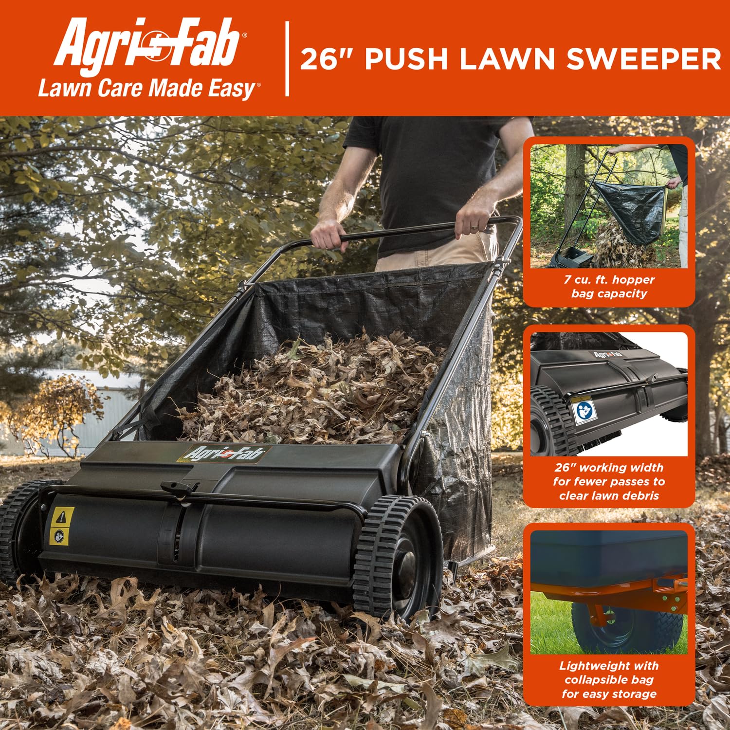 Agri-Fab 45-0218 26-inch lawn sweeper on lawn shows quick debris pickup