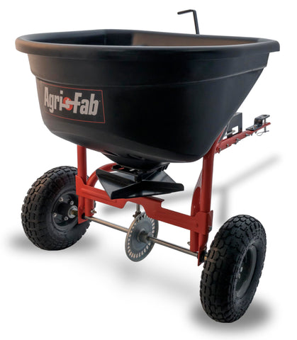 Agri-Fab 45-0527 hopper-spreader ready for uniform seed and fertilizer distribution.