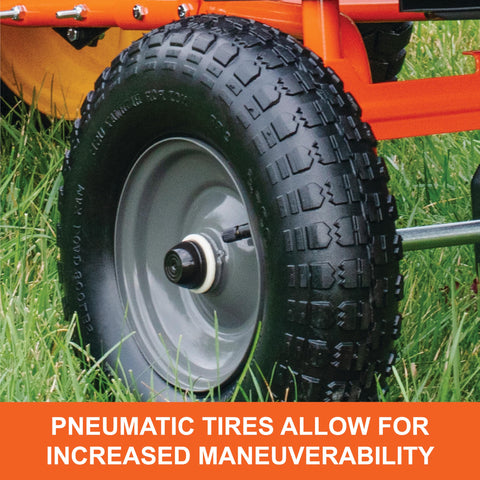 Agri-Fab 45-0527 pneumatic tires glide over terrain for smooth spreading.