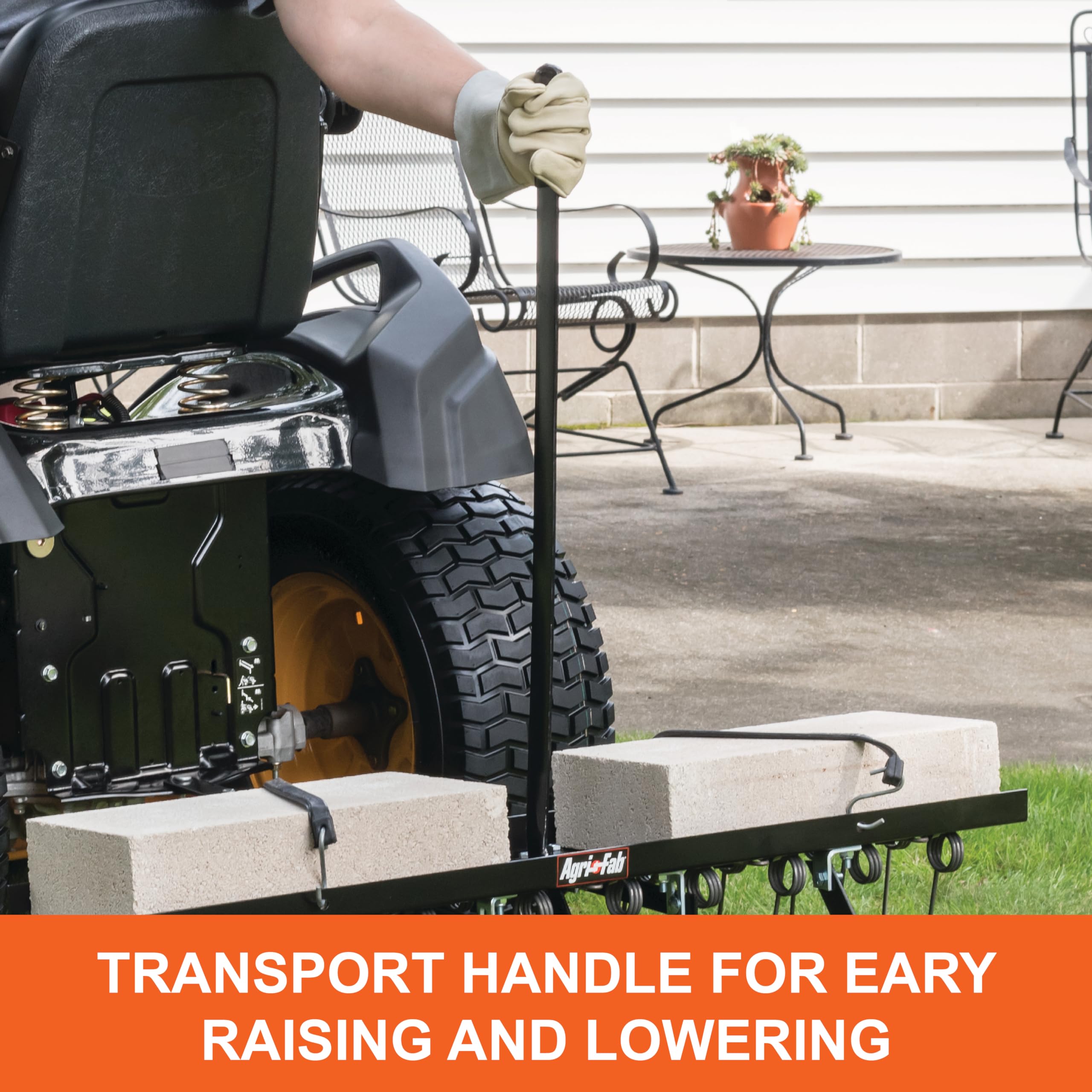 Agri-Fab semi-pneumatic wheels glide over terrain for stable operation.