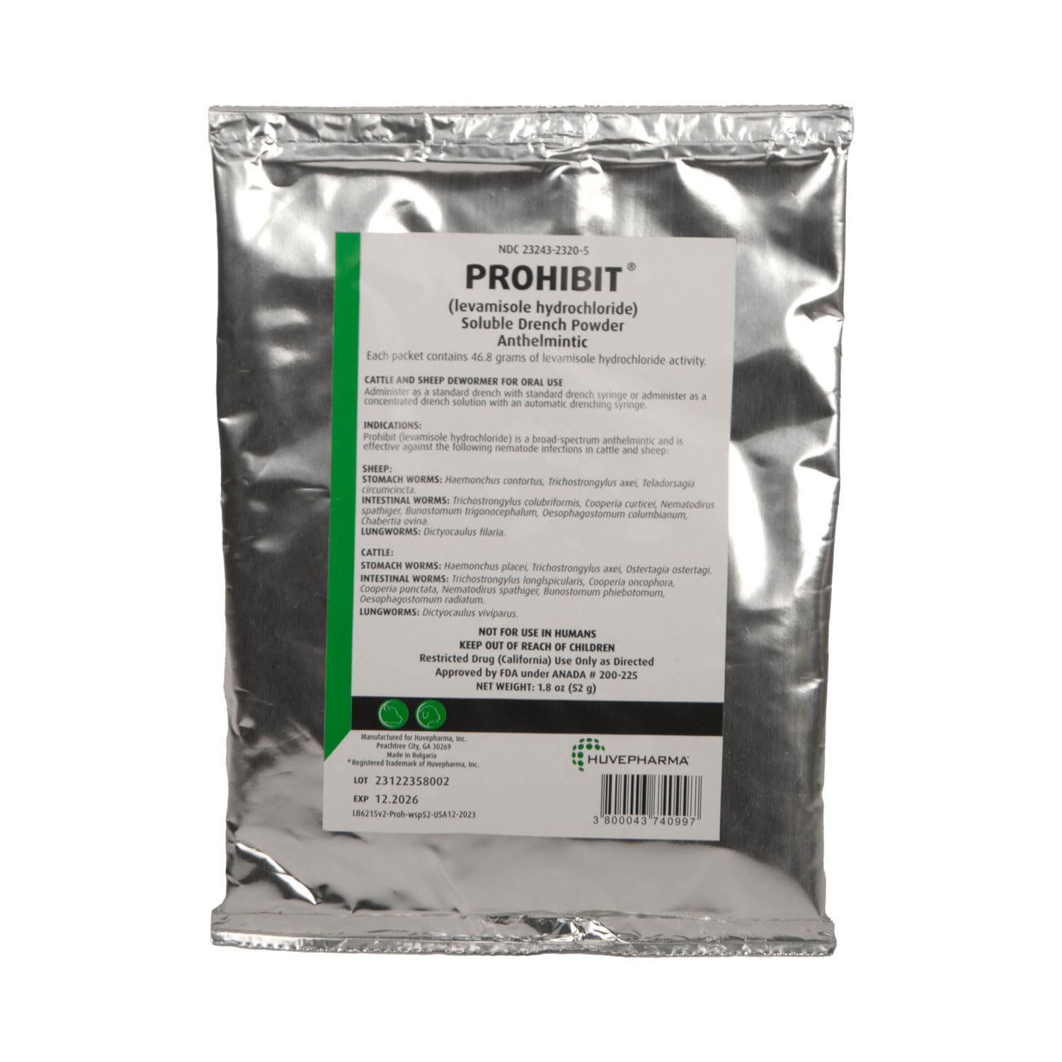 Agrilabs Prohibit drench powder pack for cattle and sheep; simple storage and dosing.