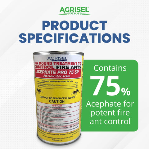 Acephate Pro 75 SP packaging and label with usage instructions and safety notes.