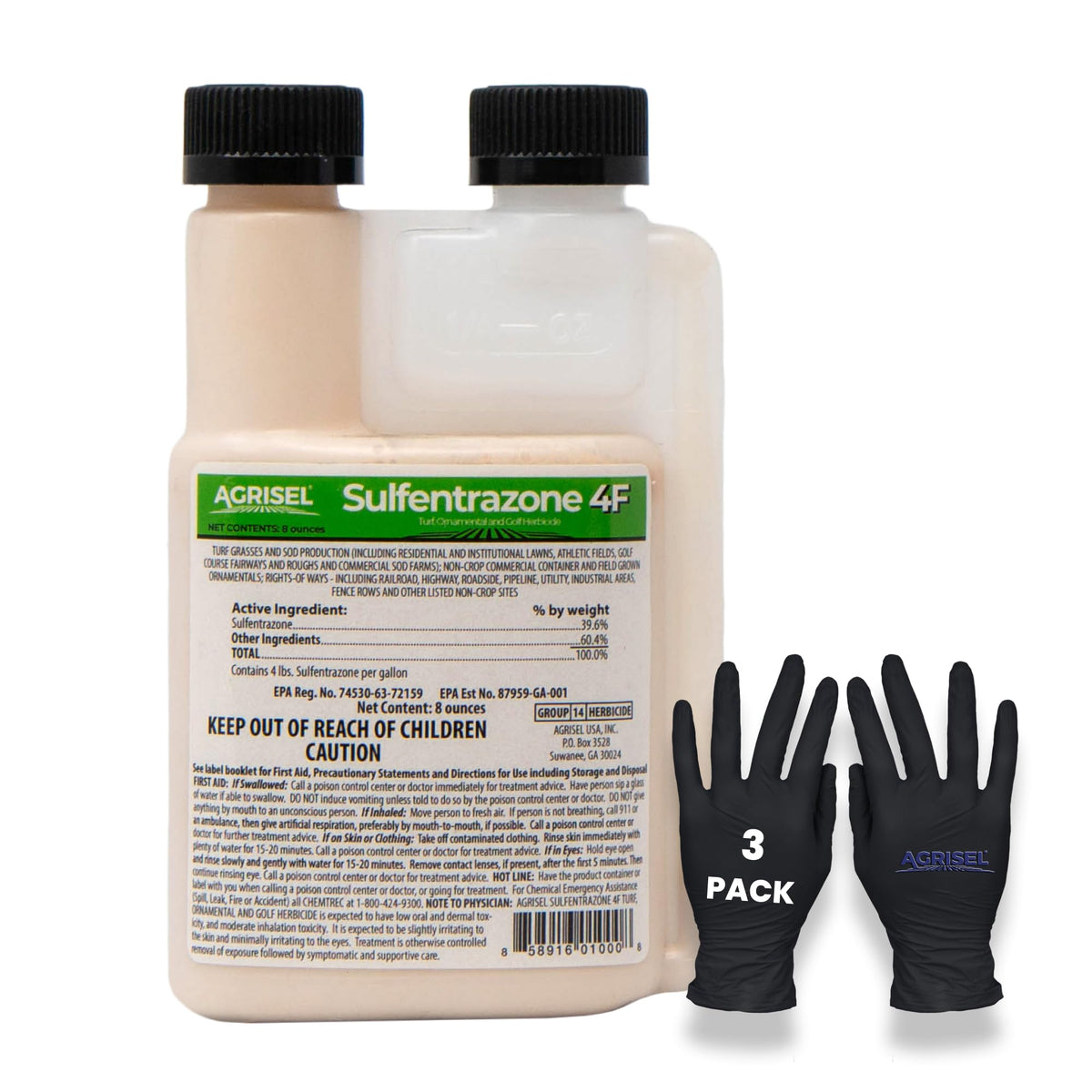 Agrisel Sulfentrazone 4F bottle pour demonstrates easy weed-control application.