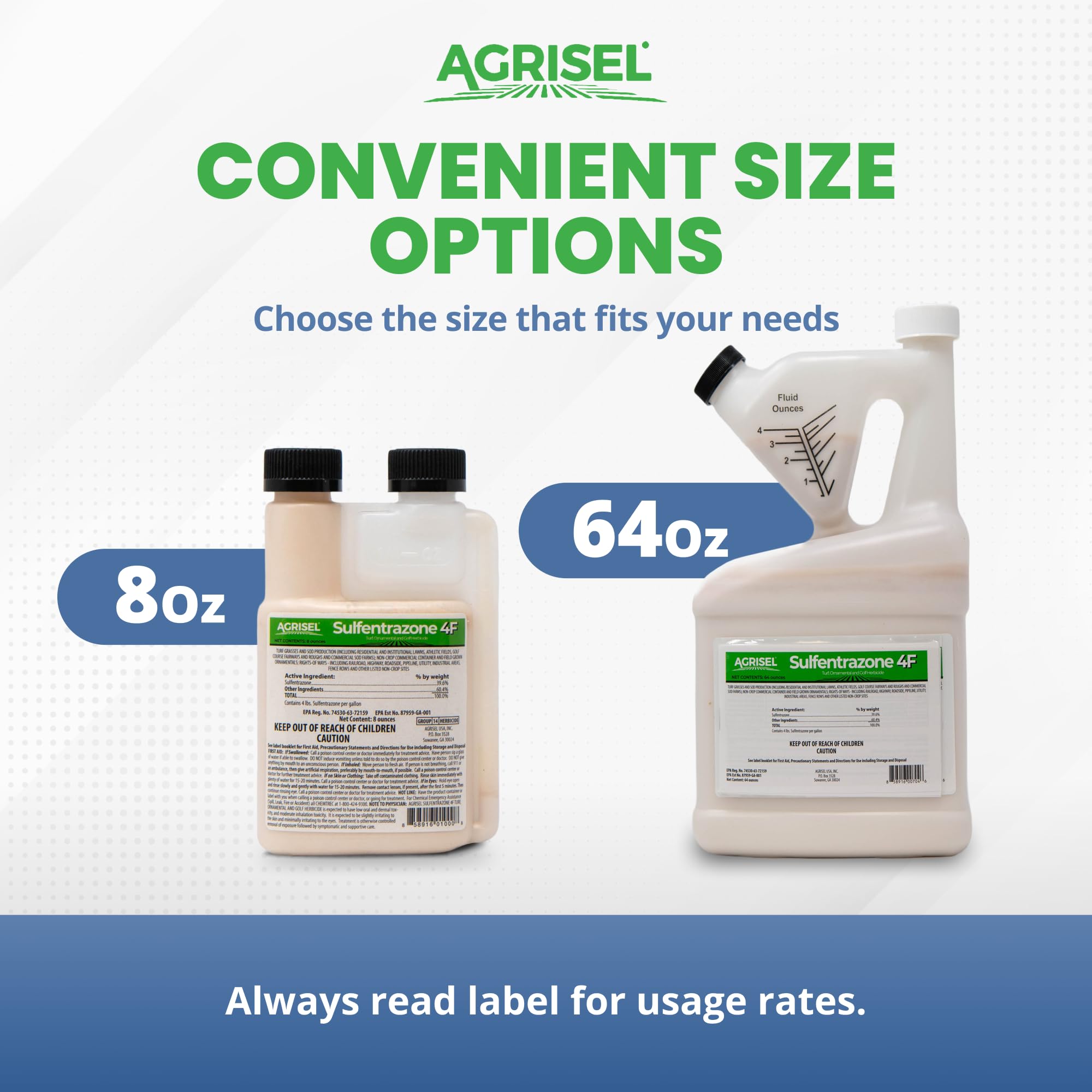 Agrisel Sulfentrazone 4F packaging shows multi-size options.