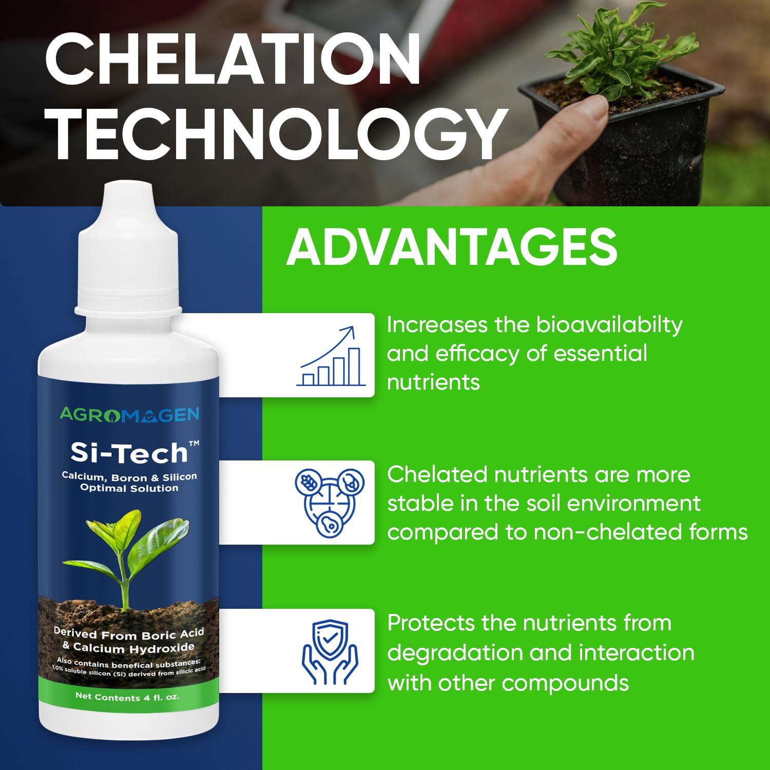AgroMagen Si-Tech foliar spray enables efficient leaf nutrient delivery.