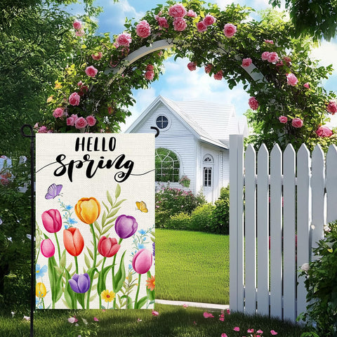 Agroon Hello Spring flag double-sided design showing clear text