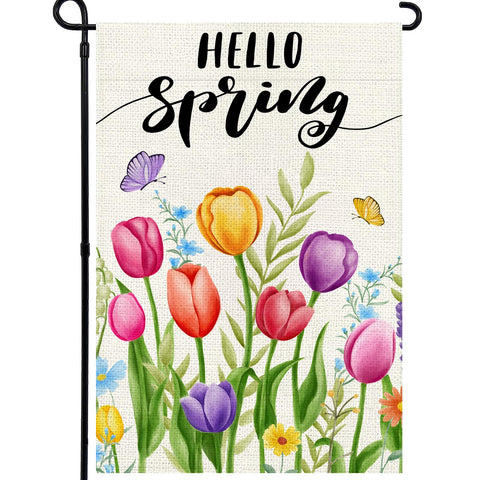 Agroon Hello Spring tulips flag viewed from both sides with vibrant outdoor color