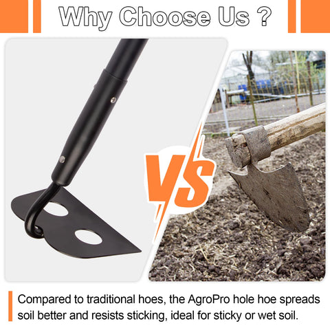 AgroPro garden hoe 58-inch length offers improved leverage and control in weed tasks.