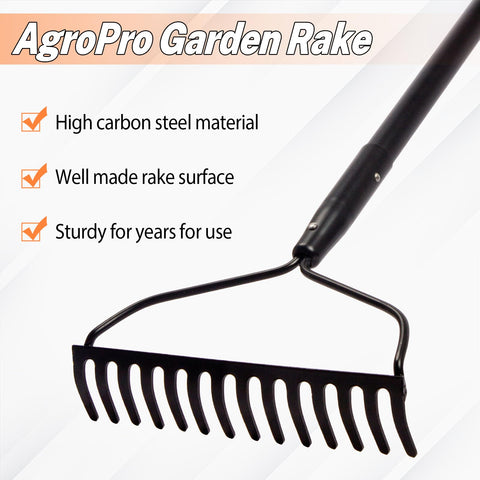 AgroPro heavy-duty rake with thick fiberglass handle for long-lasting durability during tough yard work.