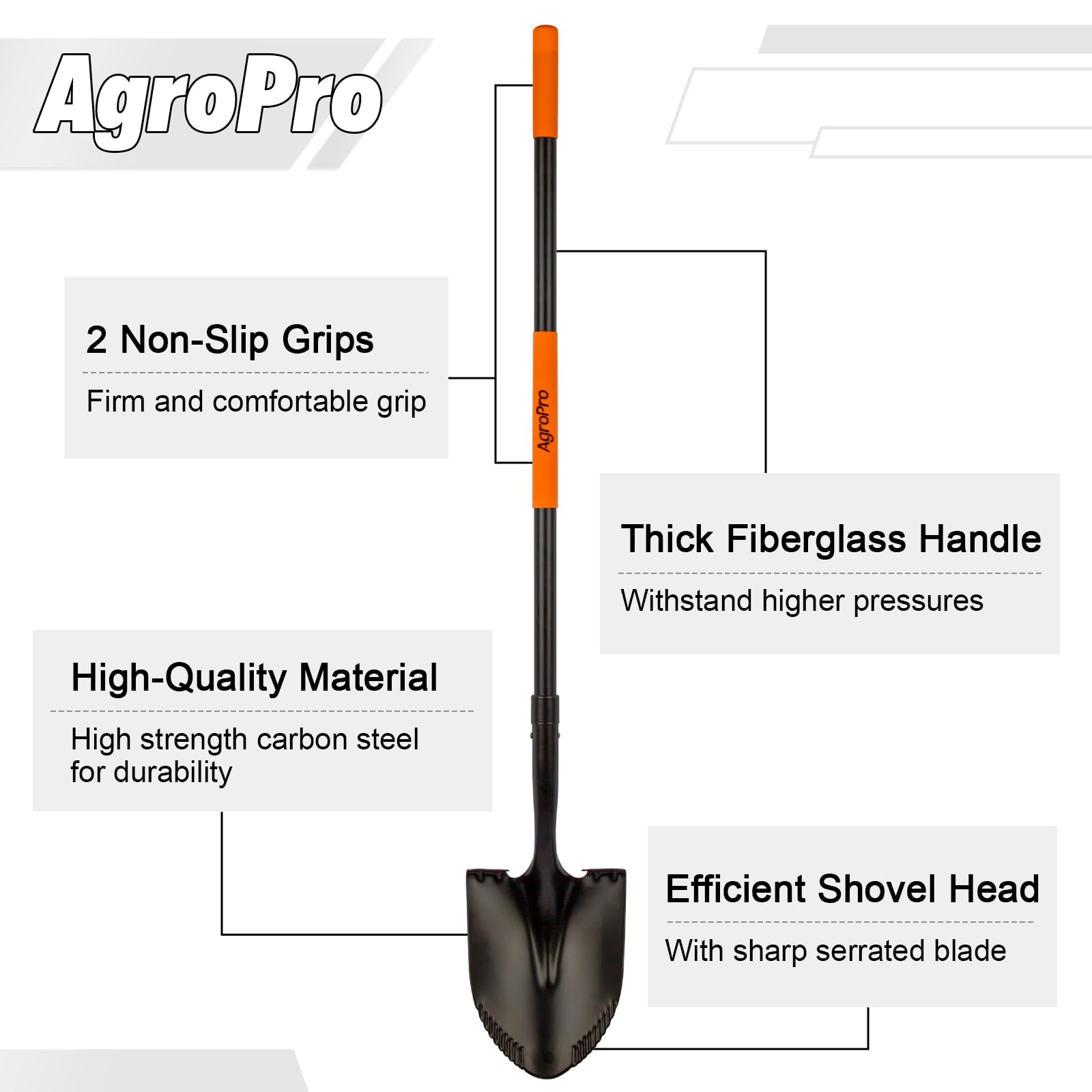AgroPro Heavy Duty Shovel with 58 inch fiberglass handle reduces back strain.
