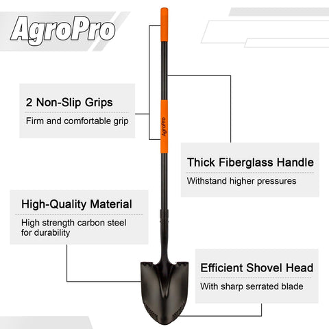 AgroPro Heavy Duty Shovel with 58 inch fiberglass handle reduces back strain.