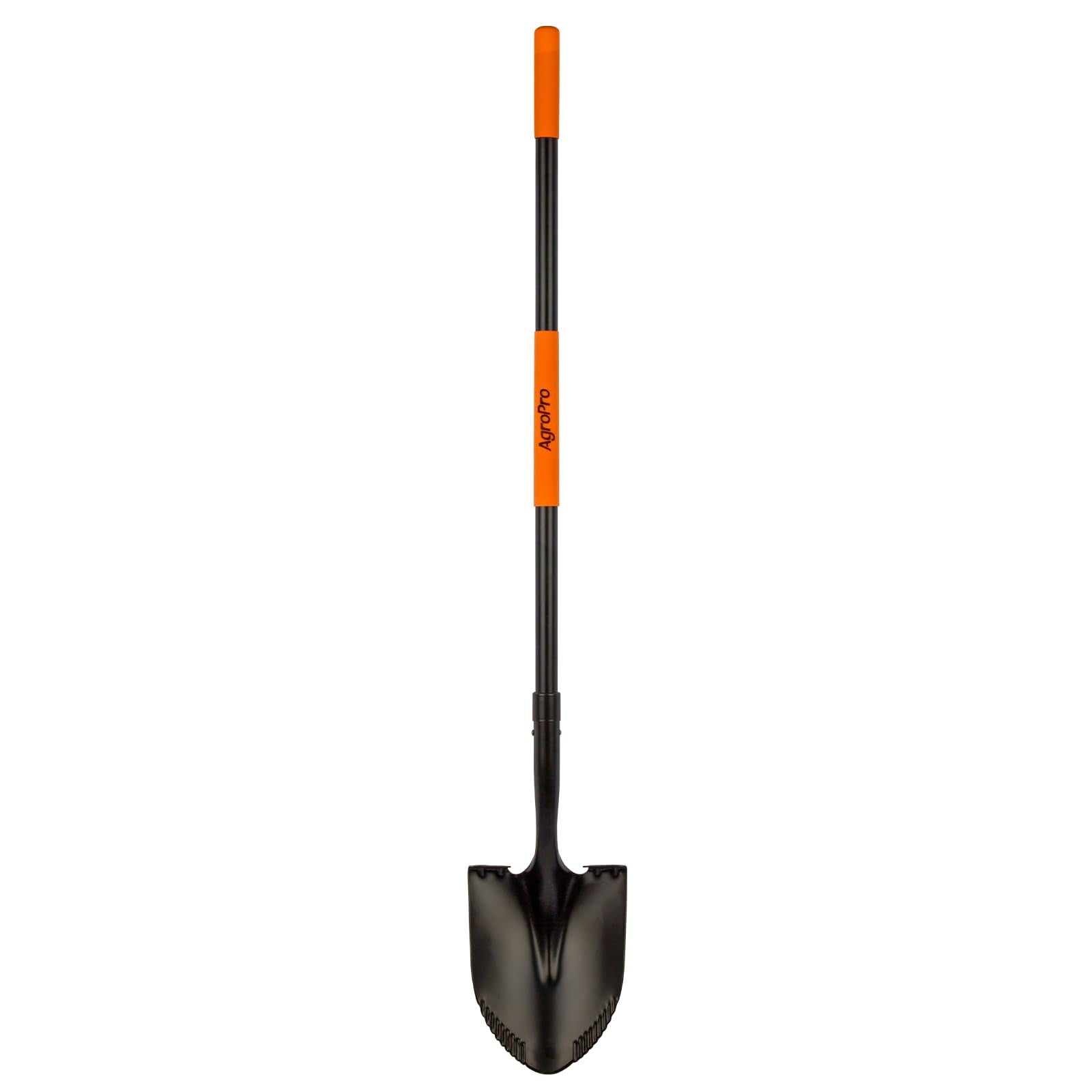 AgroPro Heavy Duty Shovel with serrated blade aids soil entry and root cutting.
