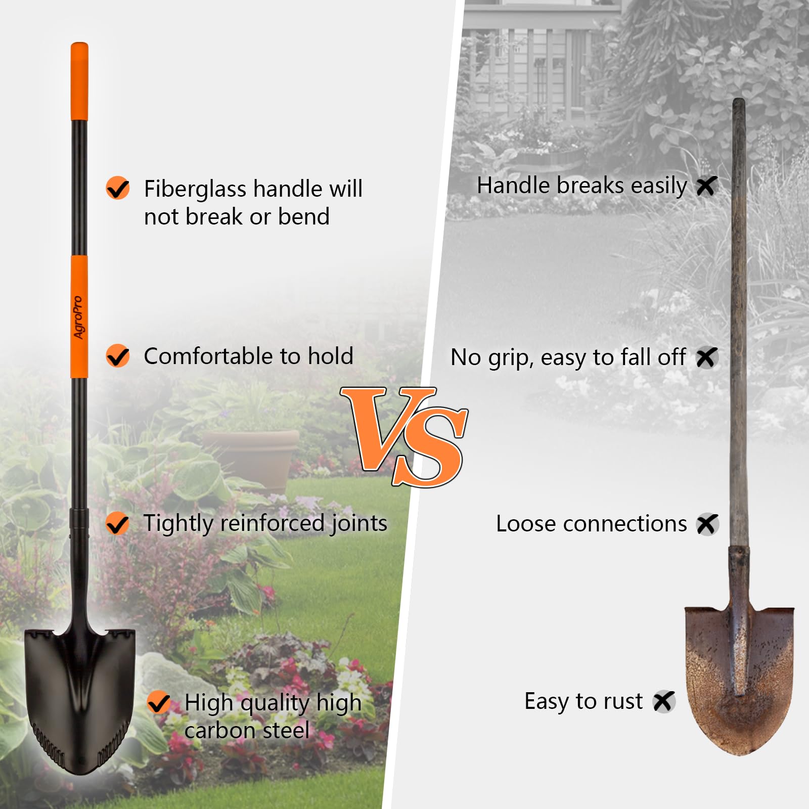 AgroPro Heavy Duty Shovel features non-slip foot pedals for stability.