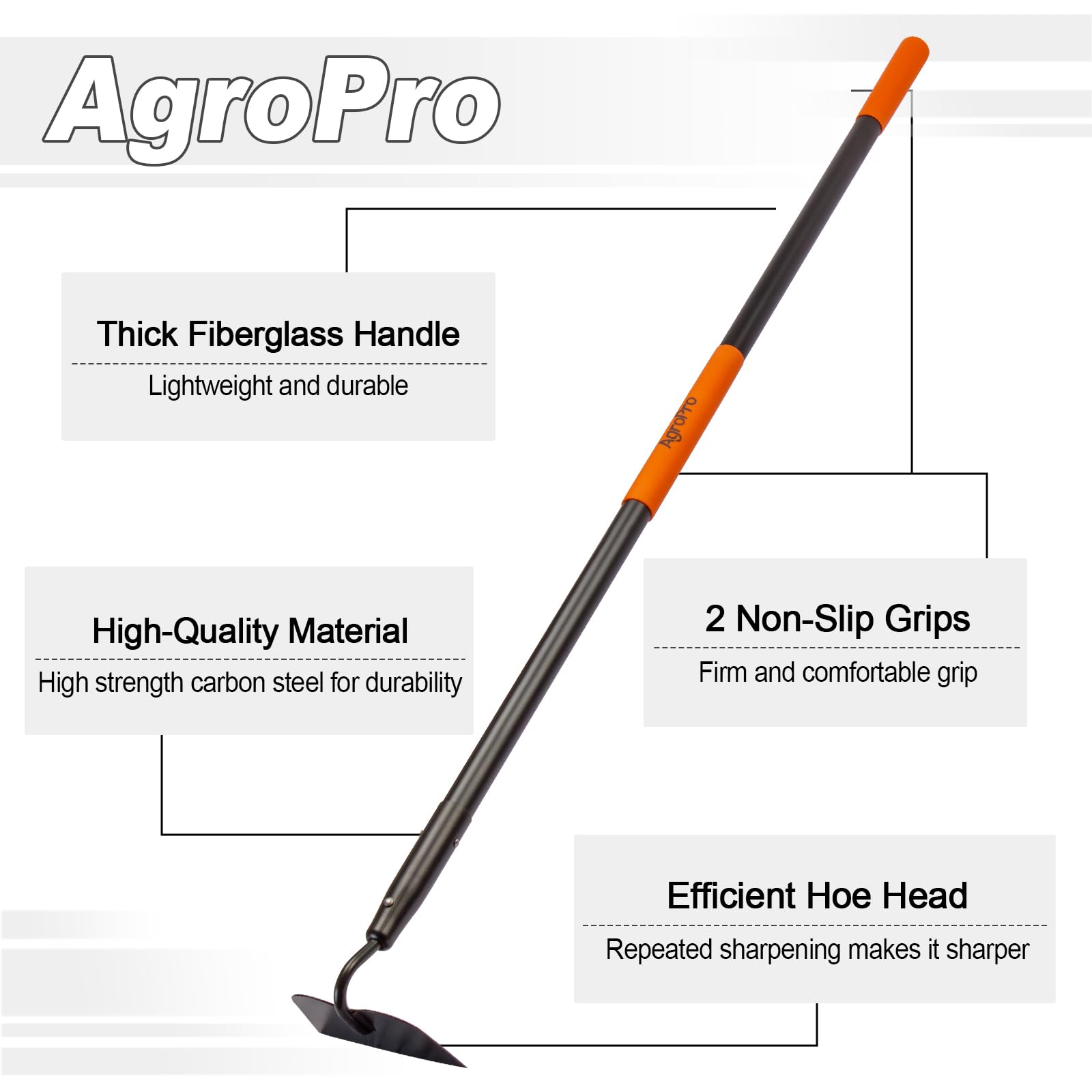 AgroPro hoe handle close-up highlights fiberglass construction for durability and a secure grip.